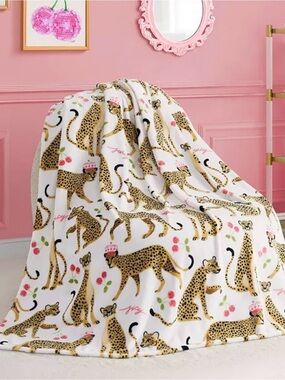 Juicy Couture White Leopard Print Plush Throw with Pink Accents